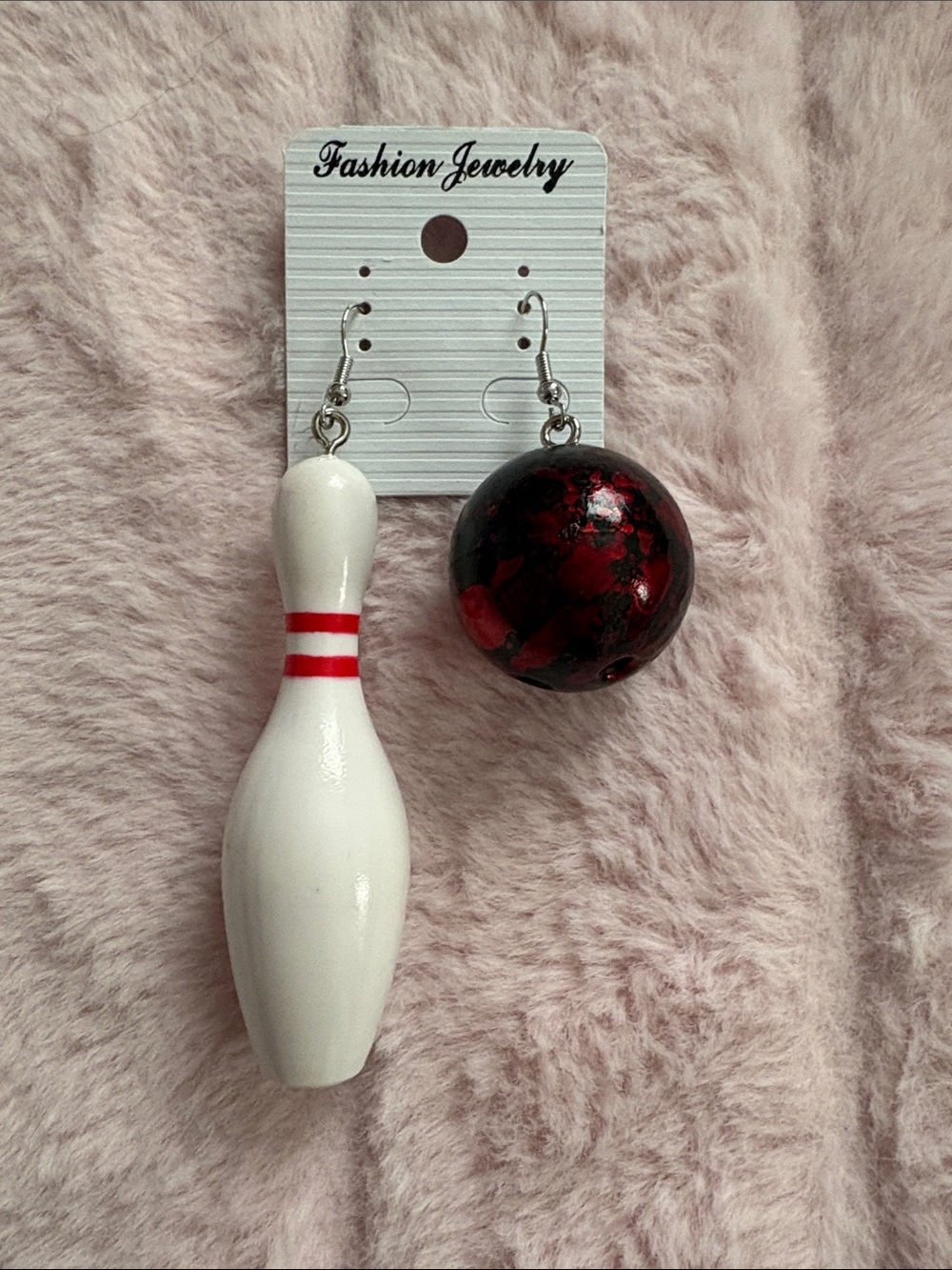Fashion Jewelry White Bowling Pin and Black-Red Bowling Ball Drop Earrings